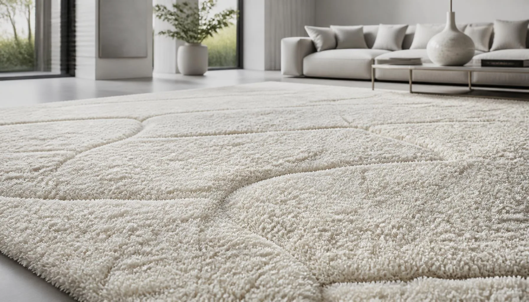 Plush cream textured carpet in a bright modern living room