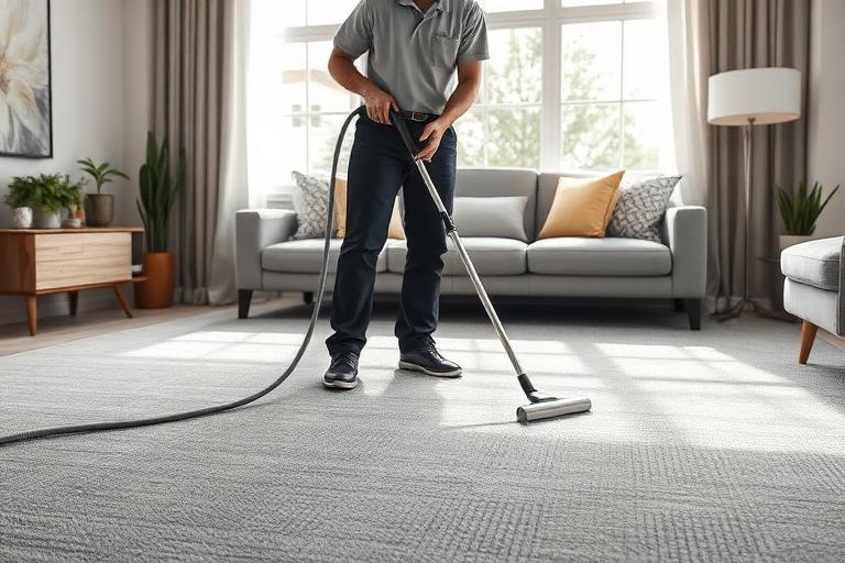 Technician steam cleaning a grey living room carpet