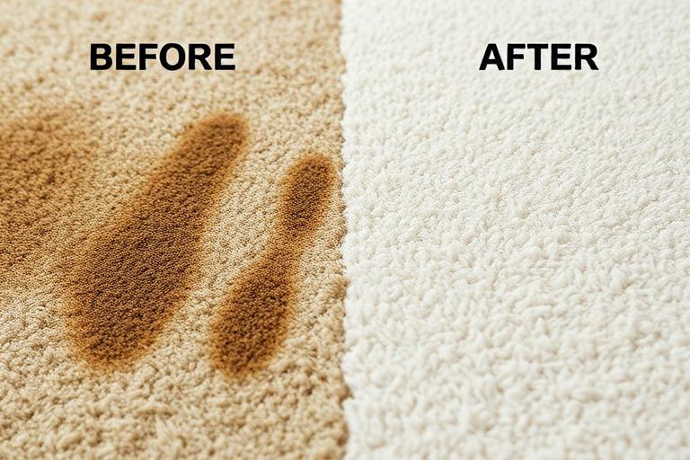 Before and after carpet stain removal close-up