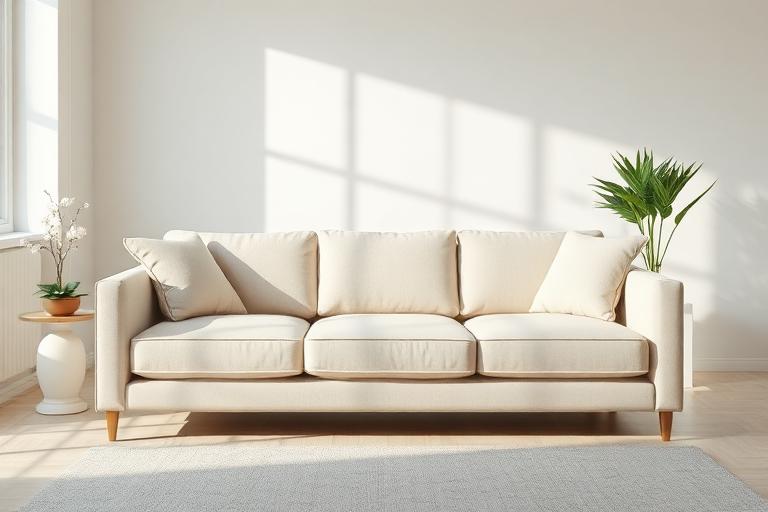 Freshly cleaned cream fabric sofa in a bright room