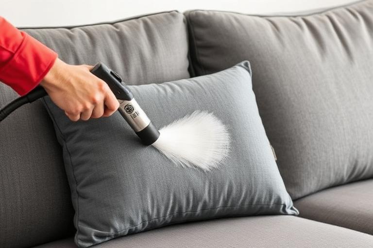 Upholstery extraction cleaning on a grey sofa cushion