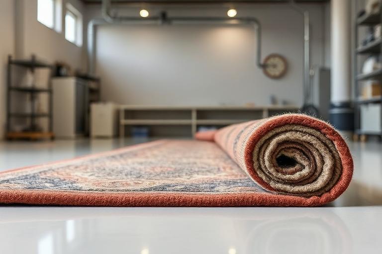 Clean patterned wool rug rolled in a cleaning studio
