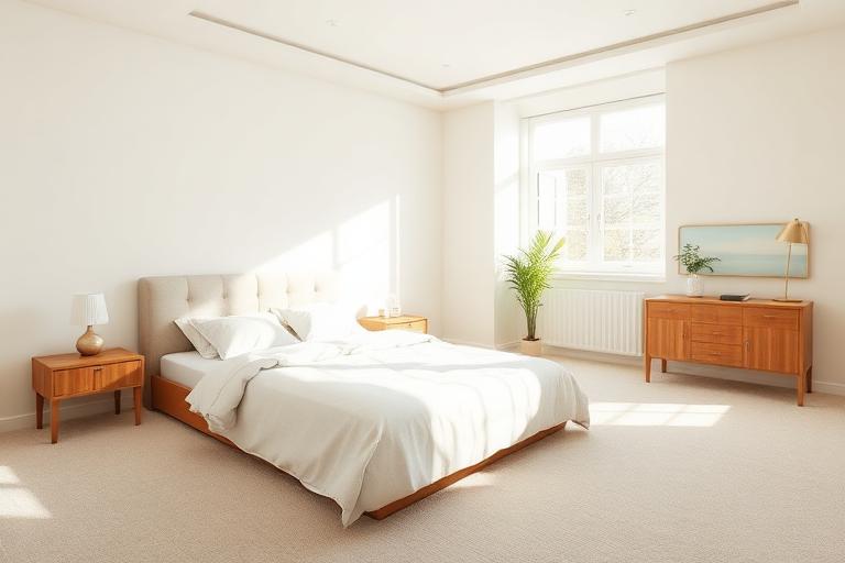 Bright bedroom with freshly cleaned pale carpet