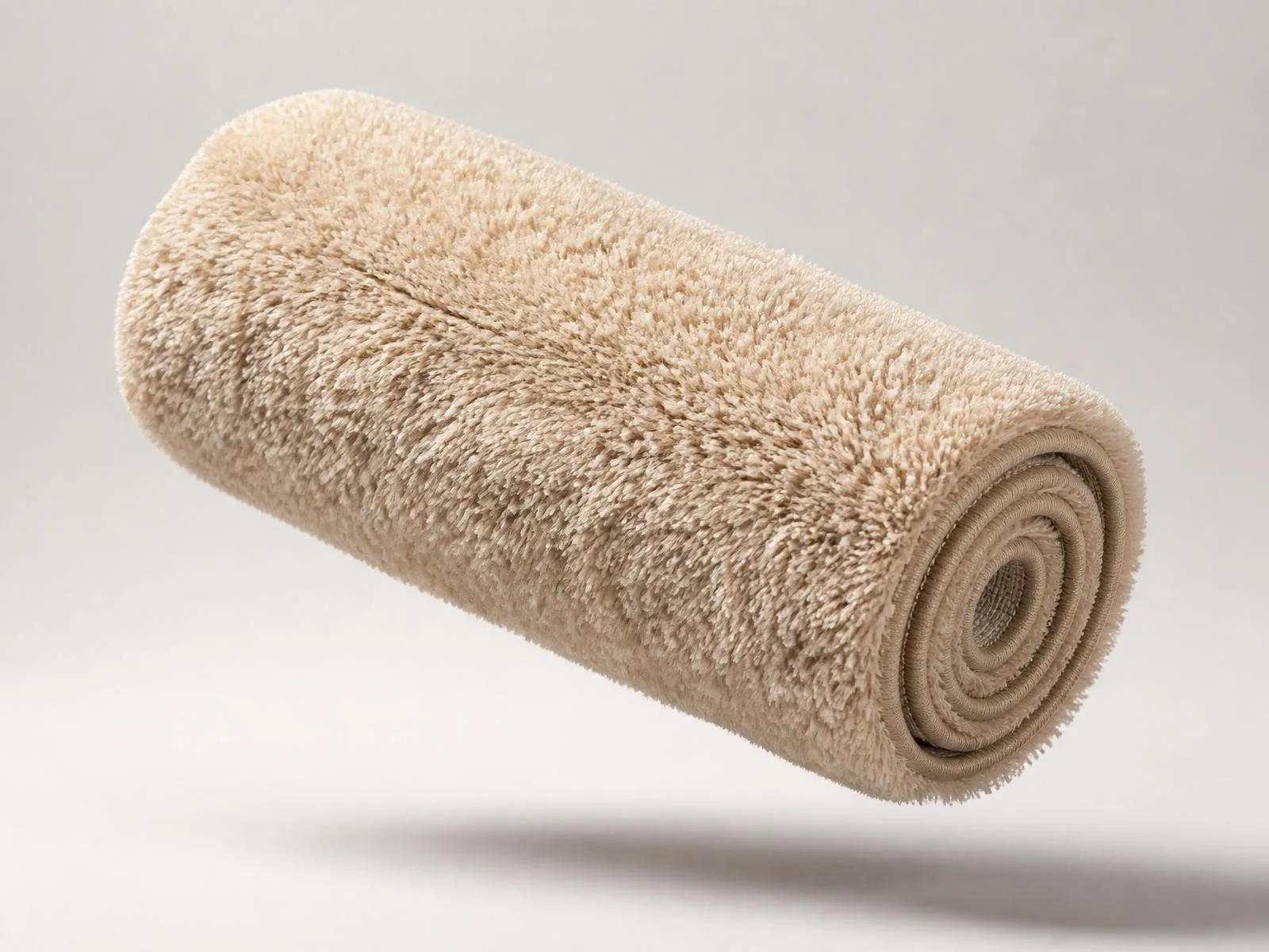 Plush rolled cream wool rug floating at a slight angle on a clean studio background